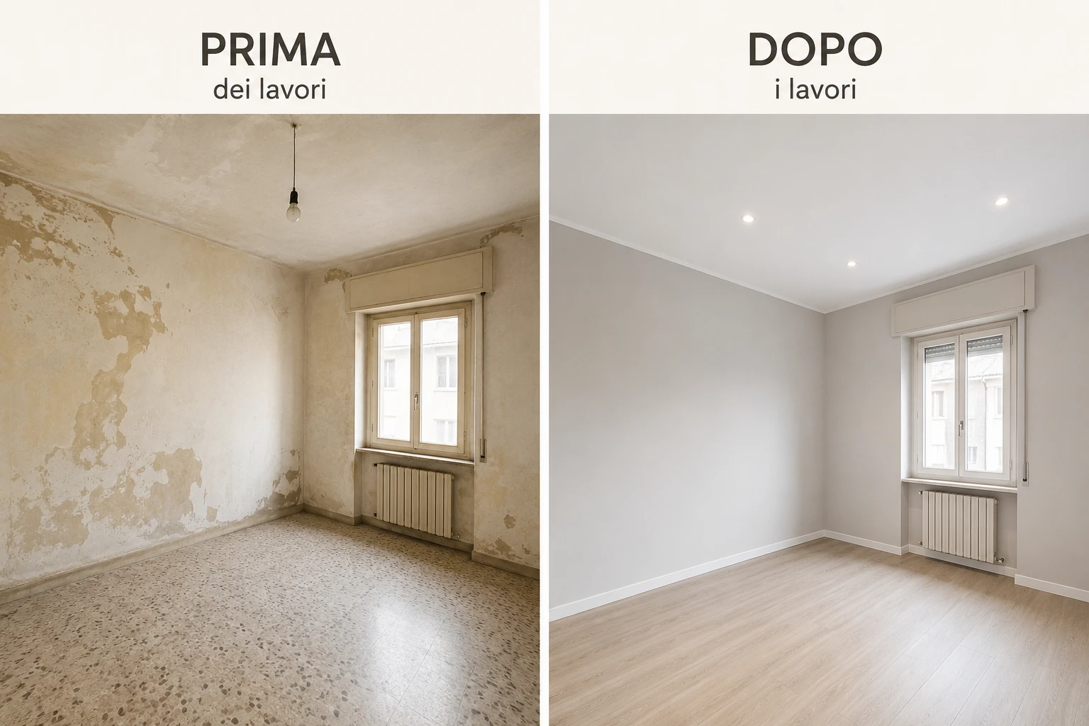 Camera da letto prima e dopo i lavori di tinteggiatura