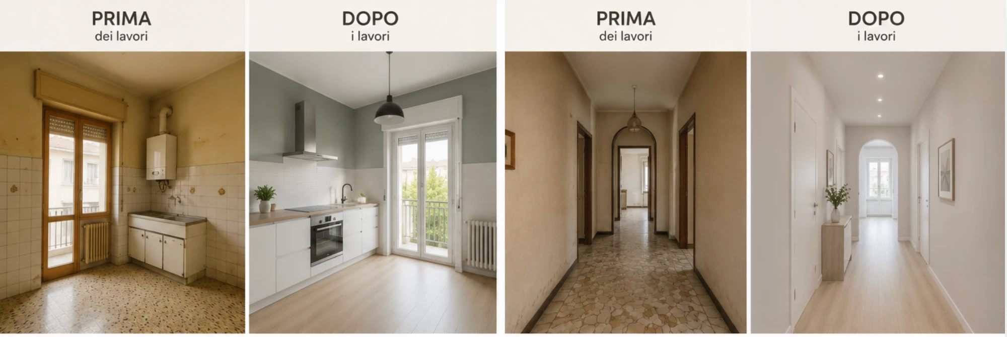 Cucina e corridoio prima e dopo i lavori di pittura